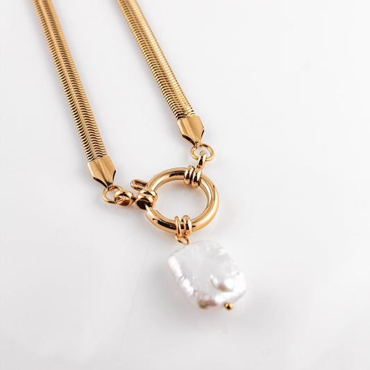 Flat Pearl Snake Chain Charm Necklace | Swim In Jewelry